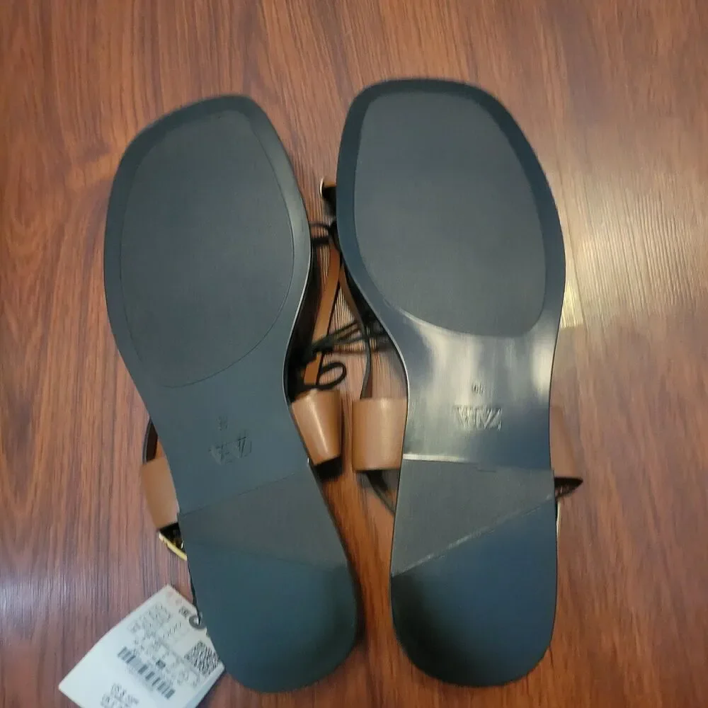 ZARA Brown Toe Ring Strappy Flat Sandals Gold Accent Women Size 8 EU 39 NWT - Picture 9 of 9
